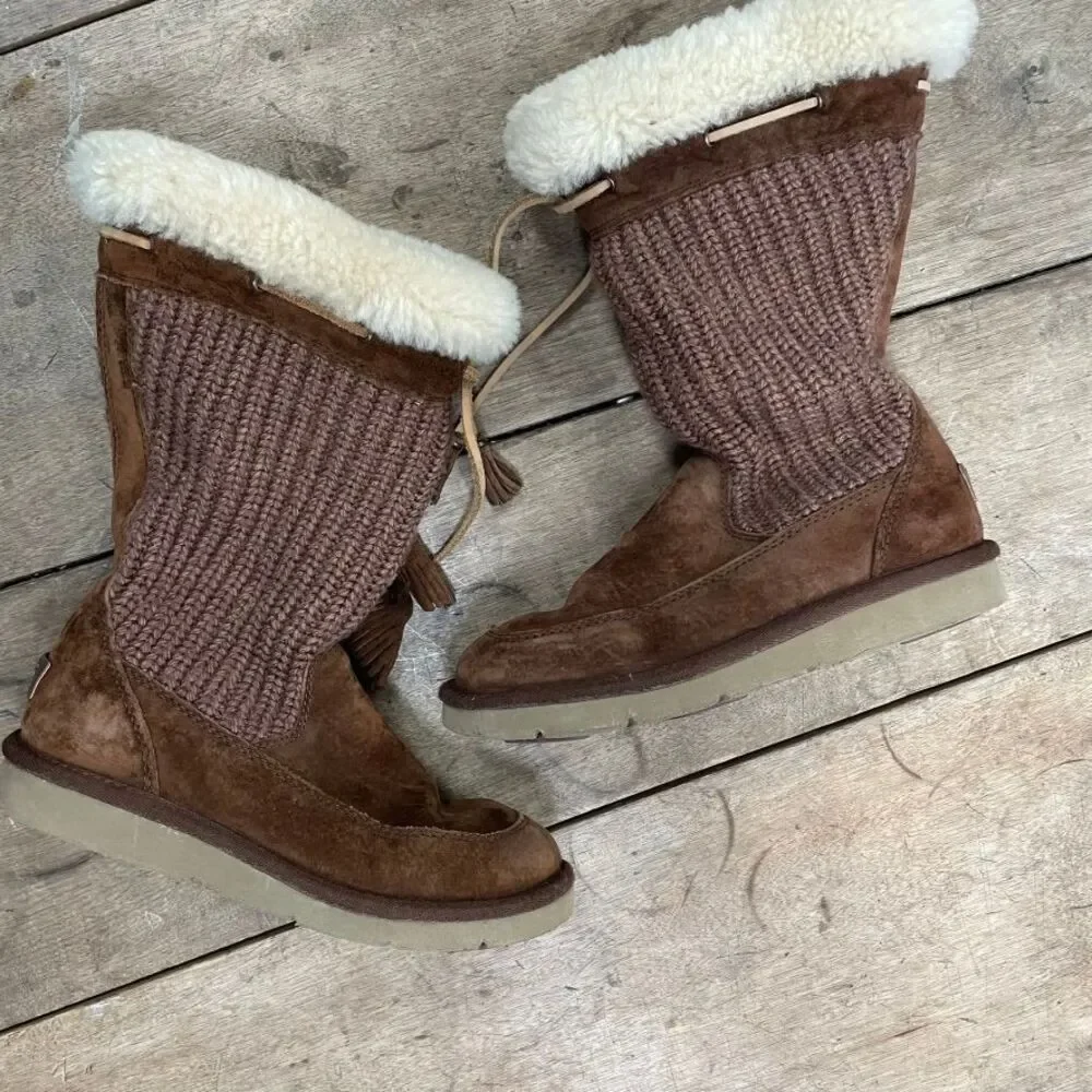 UGG Australia Boots Womens Size 5 Tan Leather‎ Mid Calf Winter Shearling